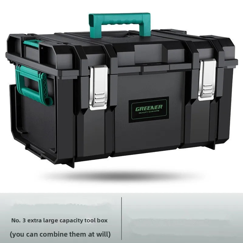 boîte outils modulaire noire verte pratique robuste poignées roulettes empilable grande capacité