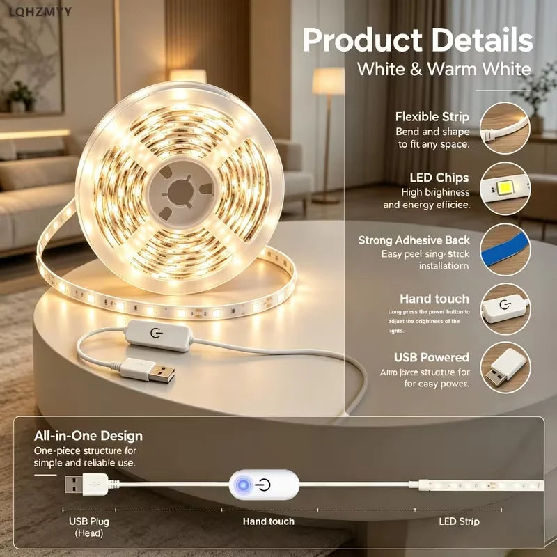 bande led flexible blanc 3000k 6000k controle tactile usb alimentation adaptable