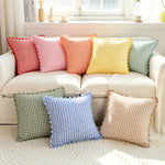 taies d'oreiller carreaux douces moderne confortables lit maison couleurs vert jaune rose orange beige