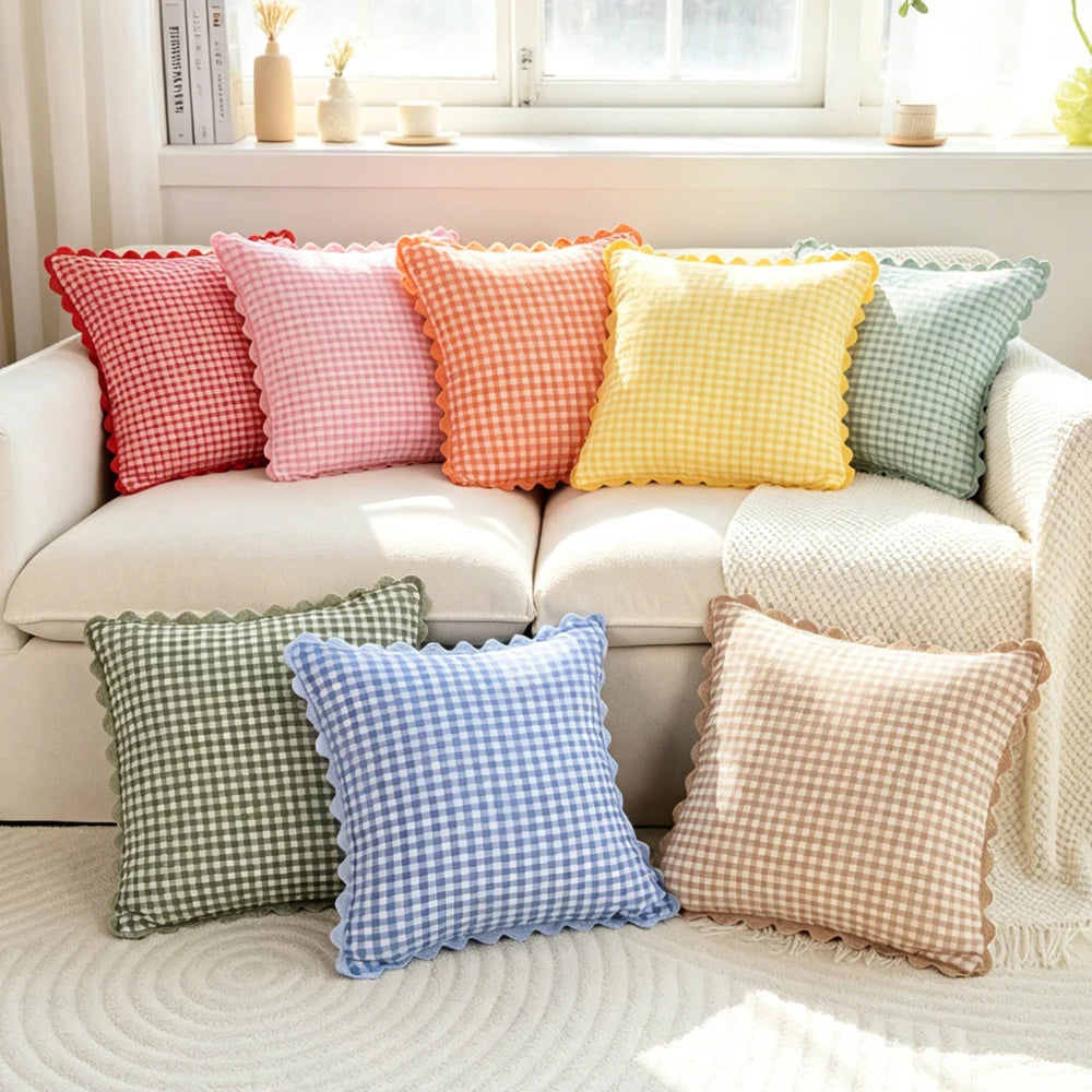 taies d'oreiller carreaux douces moderne confortables lit maison couleurs vert jaune rose orange beige