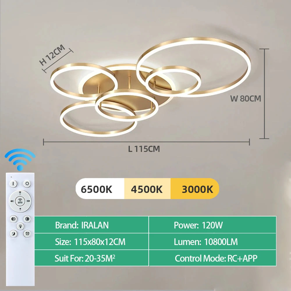 lampe moderne anneaux blanc or télécommande éclairage led minimaliste facile flux lumineux variable