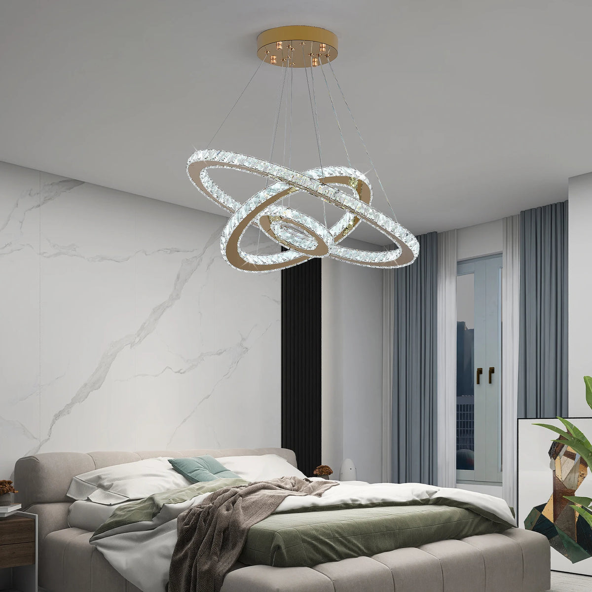 Suspension lumineuse moderne dorée cristaux scintillants led élégante télécommande entrée salon
