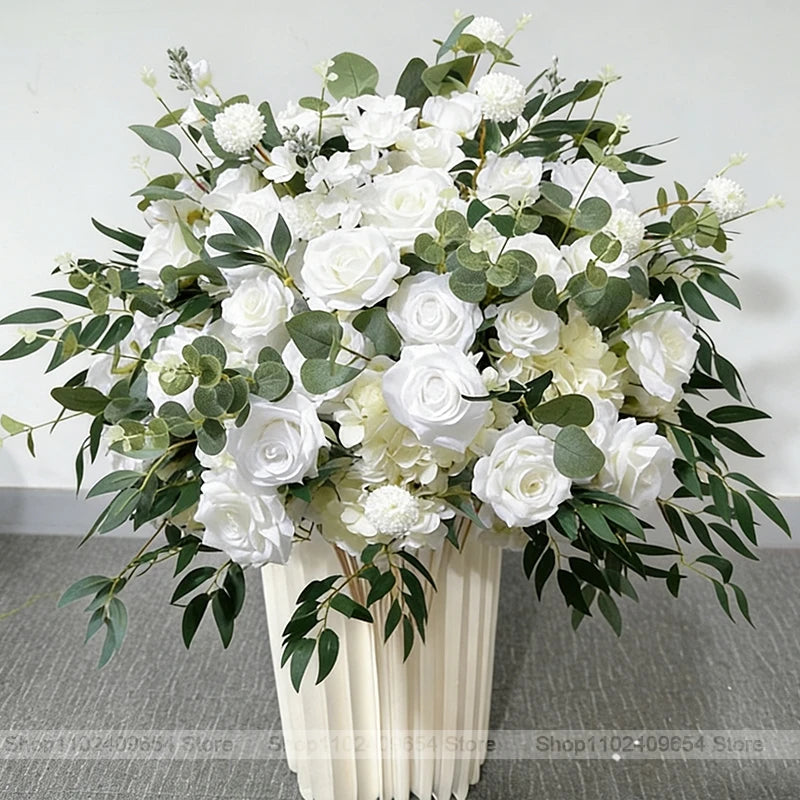 bouquet fleurs artificielles roses blanches feuilles vertes decoration mariage anniversaire exterieur classique blanc vert