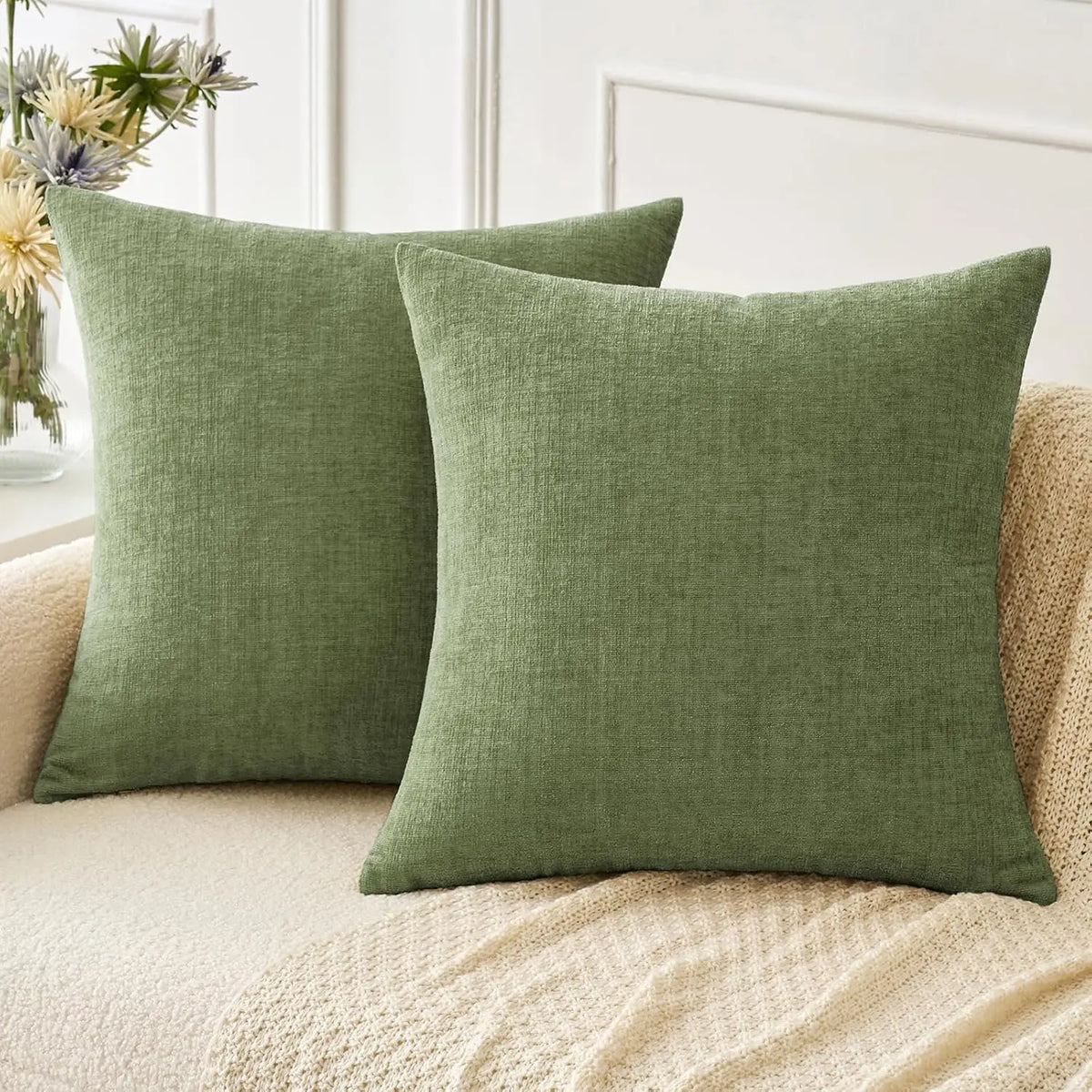 housse coussin carré vert olive texture lin moderne zip invisible canapé décoration maison