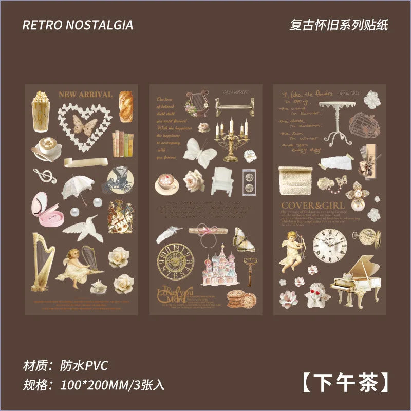 autocollants rétro vintage illustrations fleurs insectes motifs anciens adhésifs marron clair blanc journalisation decoration