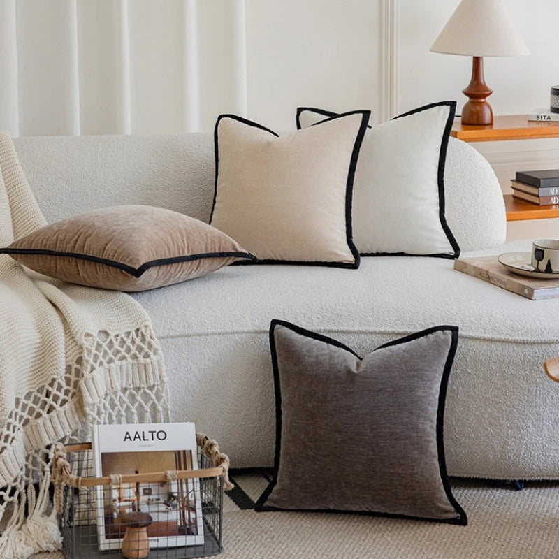 coussin carré velours beige gris noir adhésif contemporain decoration maison nordique 45x45cm 50x50cm