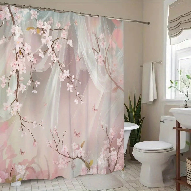 rideau douche polyester moderne floral papillons fleurs cerisier voile transparent crochets respectueux environnement