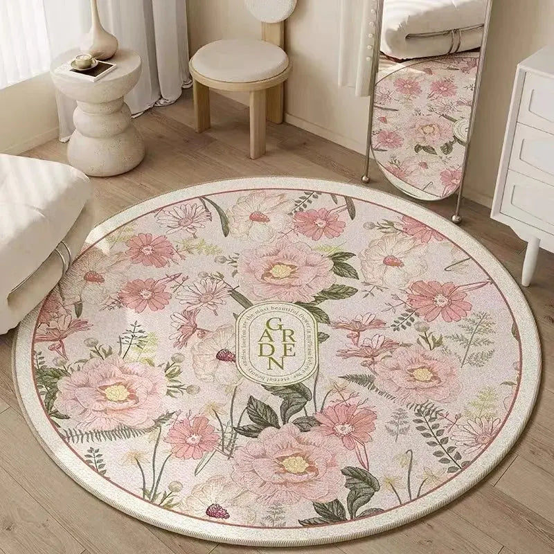 tapis rond fleuri polyester pastoral beige rose vert blancextérieur chambre salon