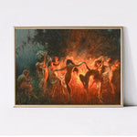 toile d'art contemporaine peinture abstraite figures humaines dansantes vert foncé orange rouge noir beige