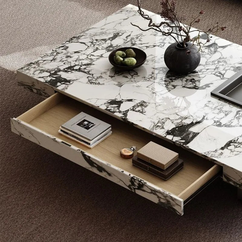 table basse moderne marbre blanc noir tiroir plateau amovible acier inoxydable minimaliste salon maison