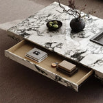 table basse moderne marbre blanc noir tiroir plateau amovible acier inoxydable minimaliste salon maison