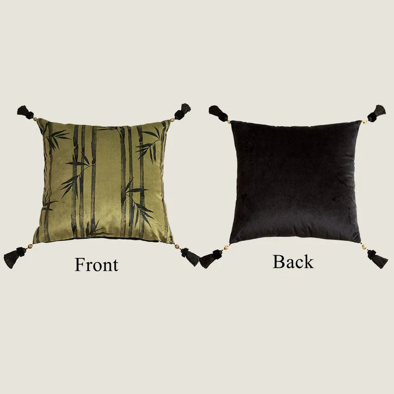 coussins decoratifs velours oiseaux blancs bambou vert pompons noirs classique oriental deco maison