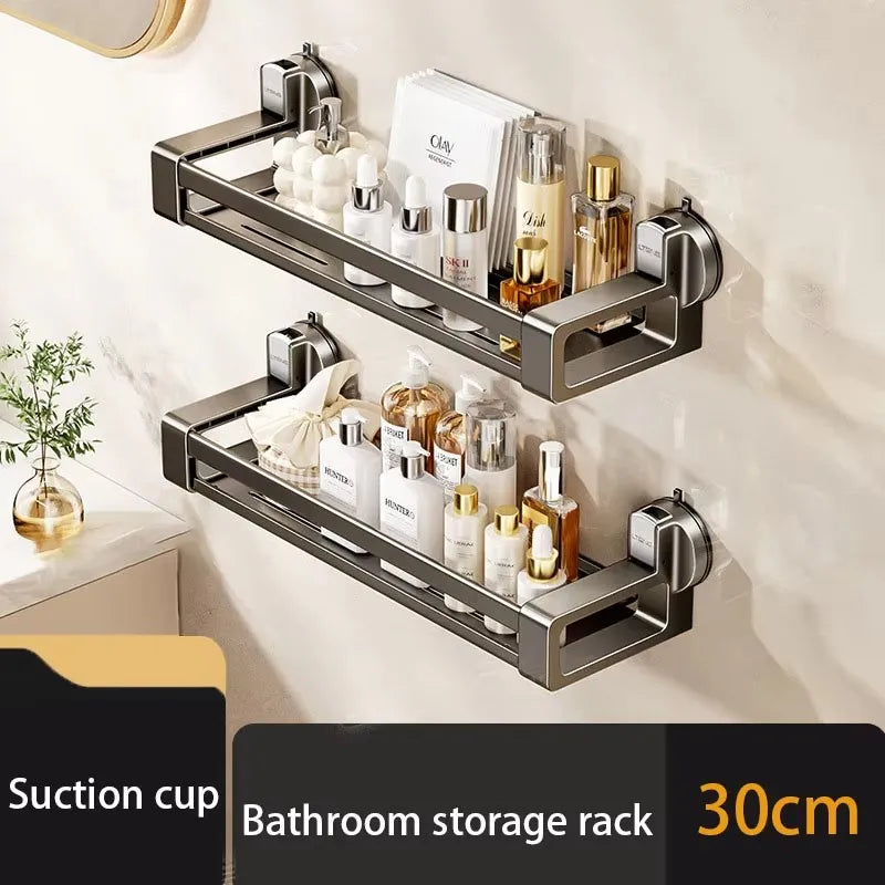 étagère salle bain argentée suction cup moderne minimaliste rangement bouteilles cosmétiques serviettes accessoires