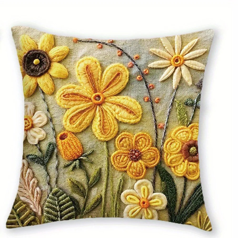 taies d'oreiller polyester fleurs relief artisanal zipper 45x45cm vert jaune blanc