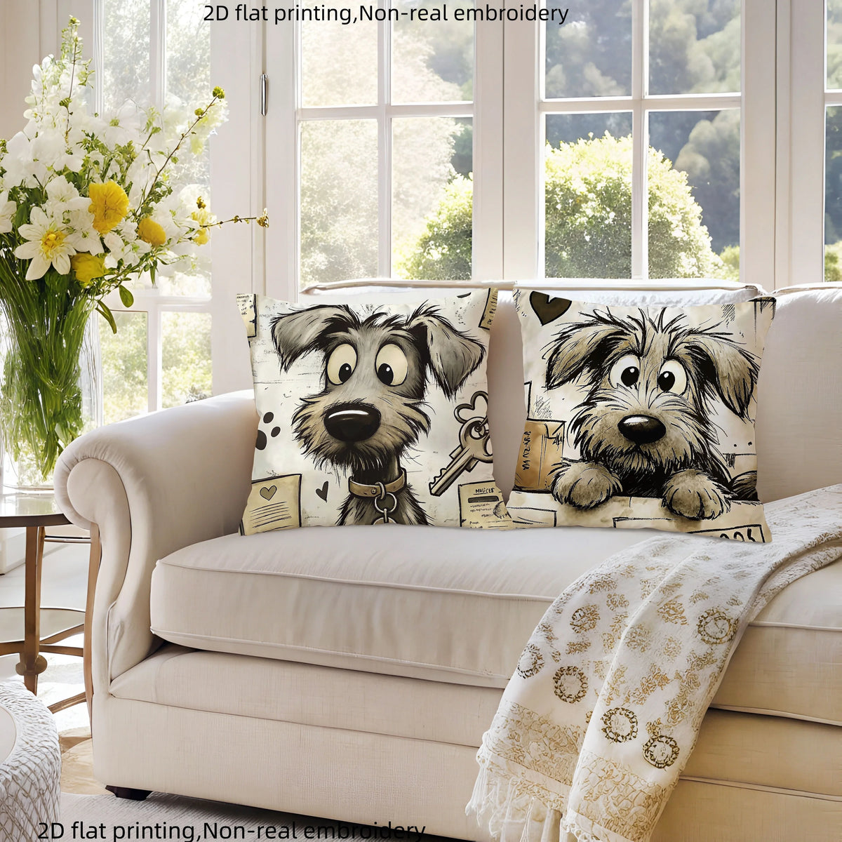 coussin chien mignon coeurs clés illustration cartoon blanc noir beige