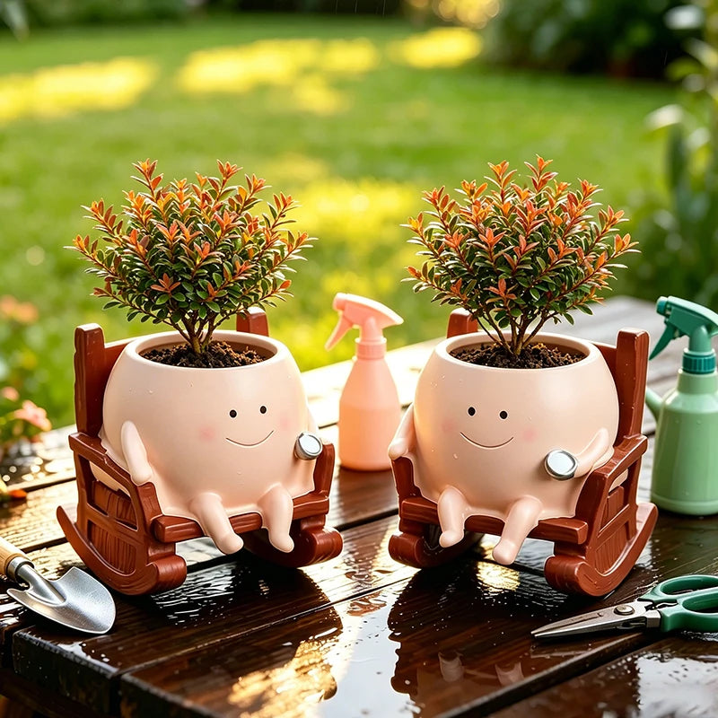 pots fleurs résine forme fantôme souriant rocking chair plantes vertes philodendron buis sedum décoratives