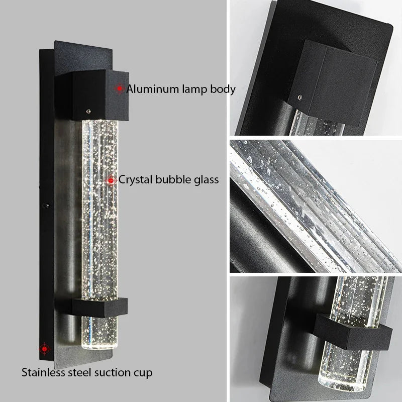 lampe murale moderne cristal bulle aluminium anti rouille extérieure noir argenté led ip65 garage