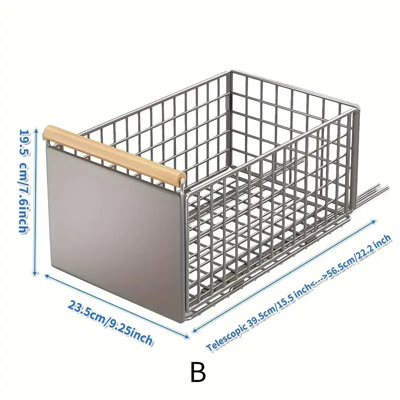 rangements métal pliables paniers maille fine gris moderne cuisine tringles poignées bois