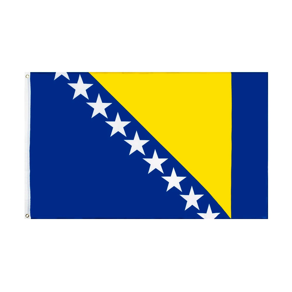 drapeau bosnie herzegovine polyester blanc bleu vert or gris armoiries fleurs lys croissants classique