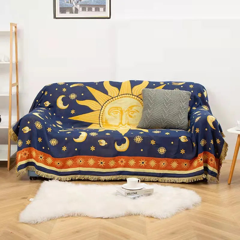 couverture tissée jacquard scénique soleil lune étoiles bleu foncé doré portable qualité adulte rectangle