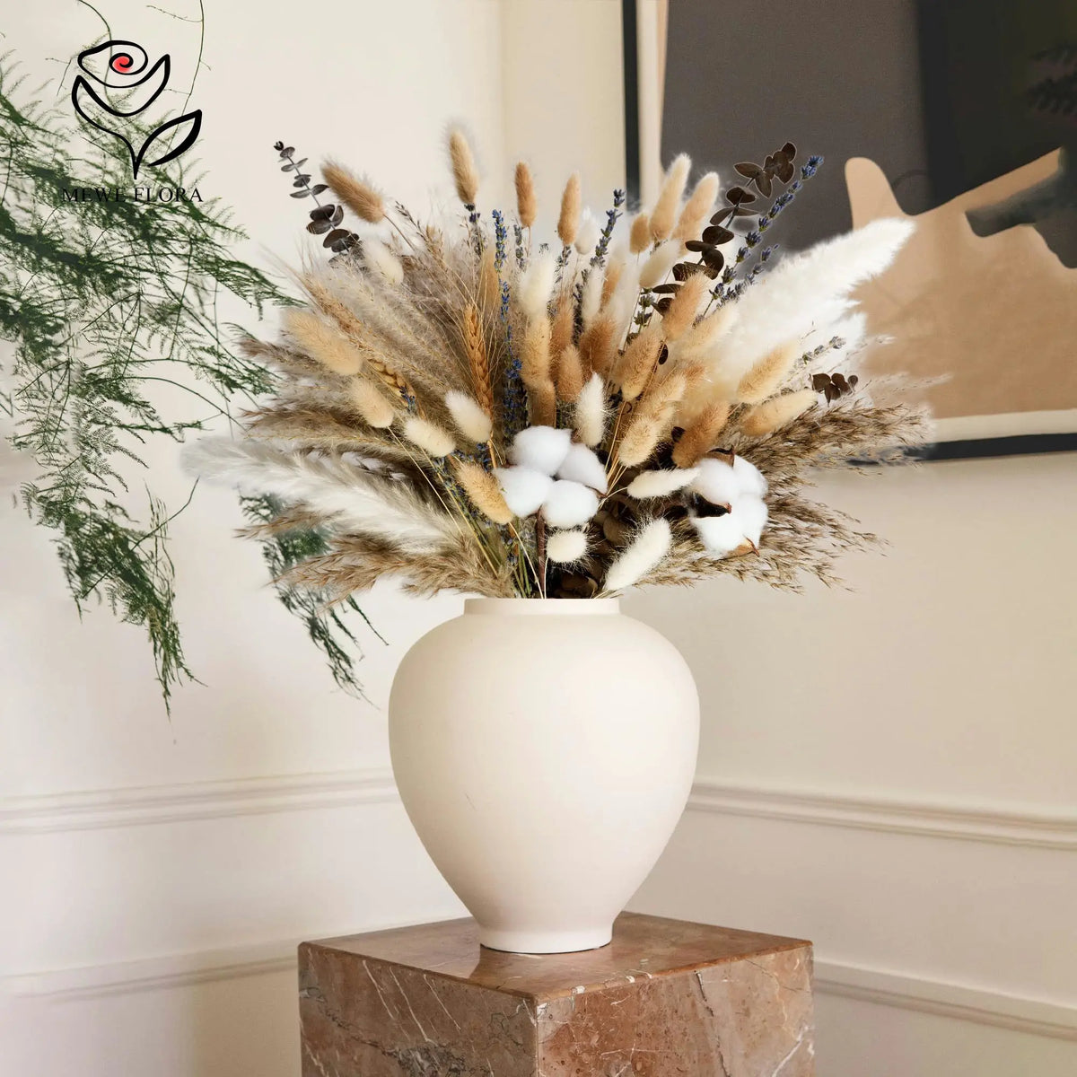 bouquet fleurs séchées herbe pampas tiges coton eucalyptus lavande blé décoration maison anniversaire mariage