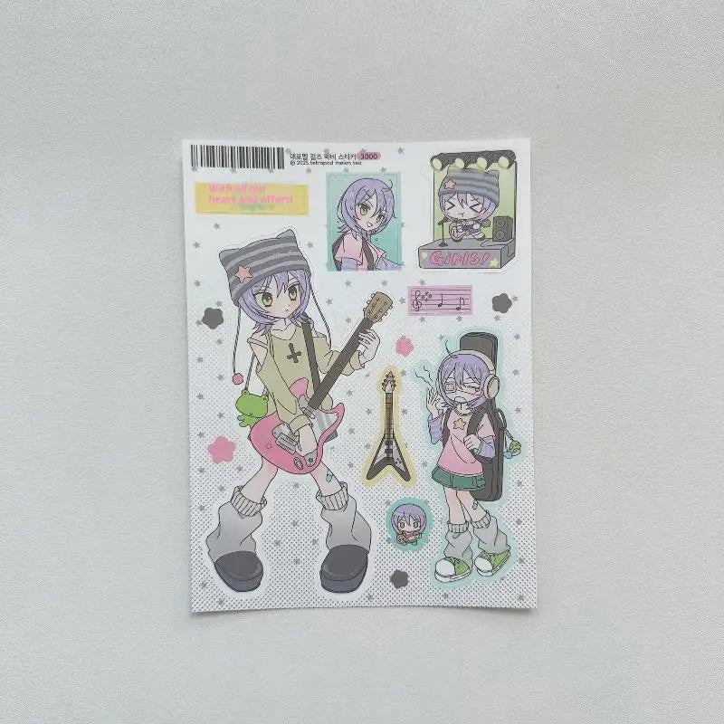 sticker kawaii personnages animés fille piscine guitare autocollants décoratifs carnet journal intime scrapbook
