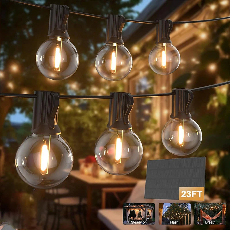 guirlande lumineuse solaire 25 ampoules led jaune doré ip65 vintage modes clips