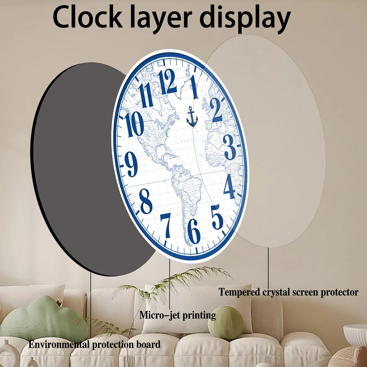 horloge murale carte monde marin décoration intérieure aiguille bleu blanc gris foncé
