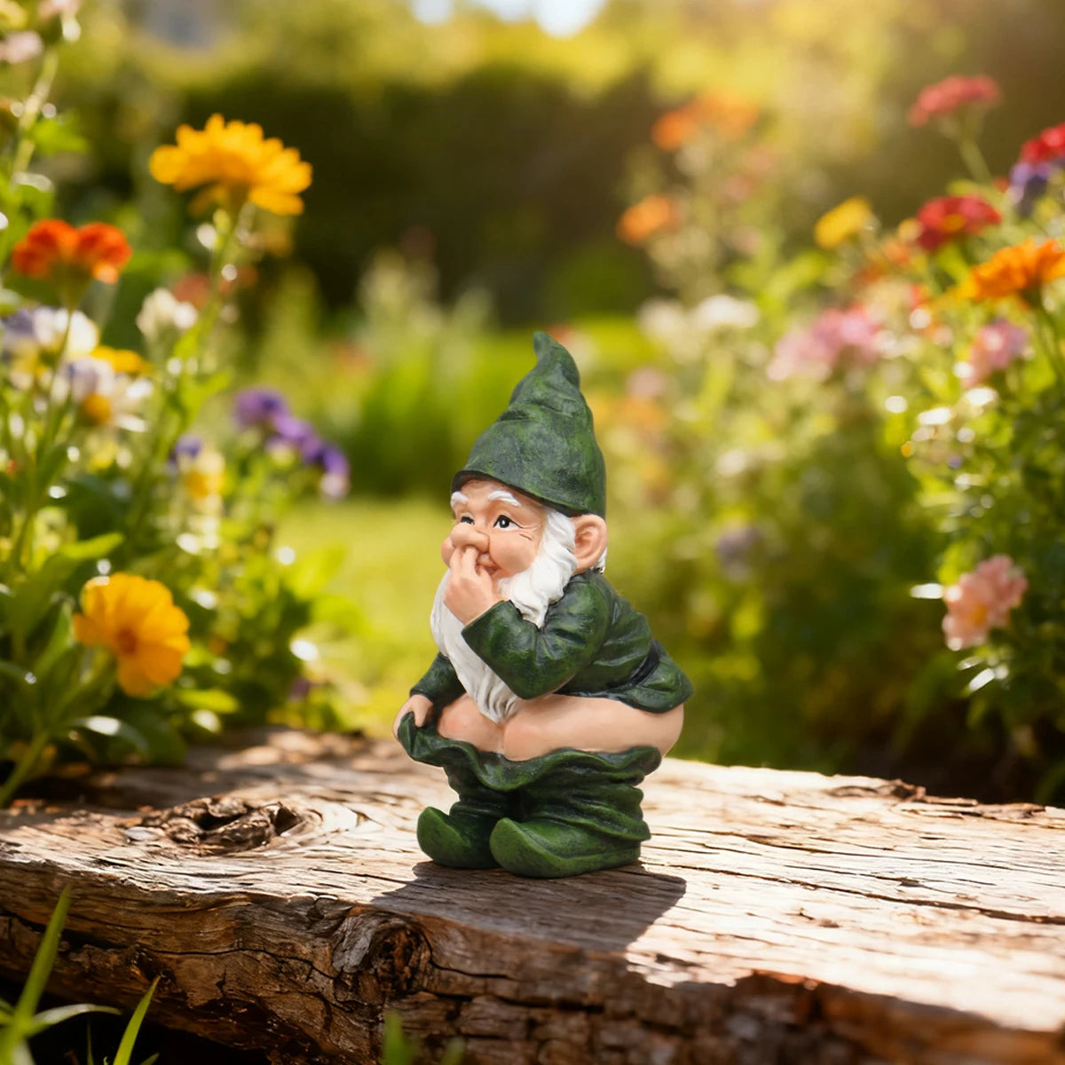 statue gnome jardin vert humour barbe blanche résine extérieure potager pelouse fleuri fantaisiste