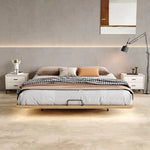 lit plateau bois moderne minimaliste sommier tapissé beige oreillers plaid géométrique tapis minimaliste