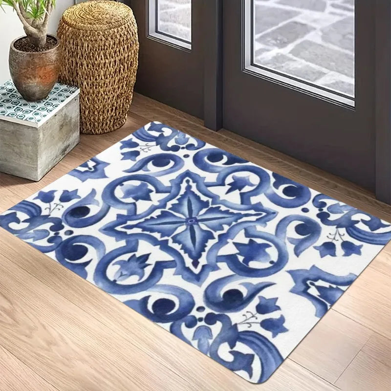 tapis moderne géométrique bleu blanc salon bain extérieur antidérapant résistant décoloration