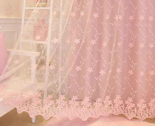 rideau rose fleurs blanches romantique tulle dentelle salon chambre polyester