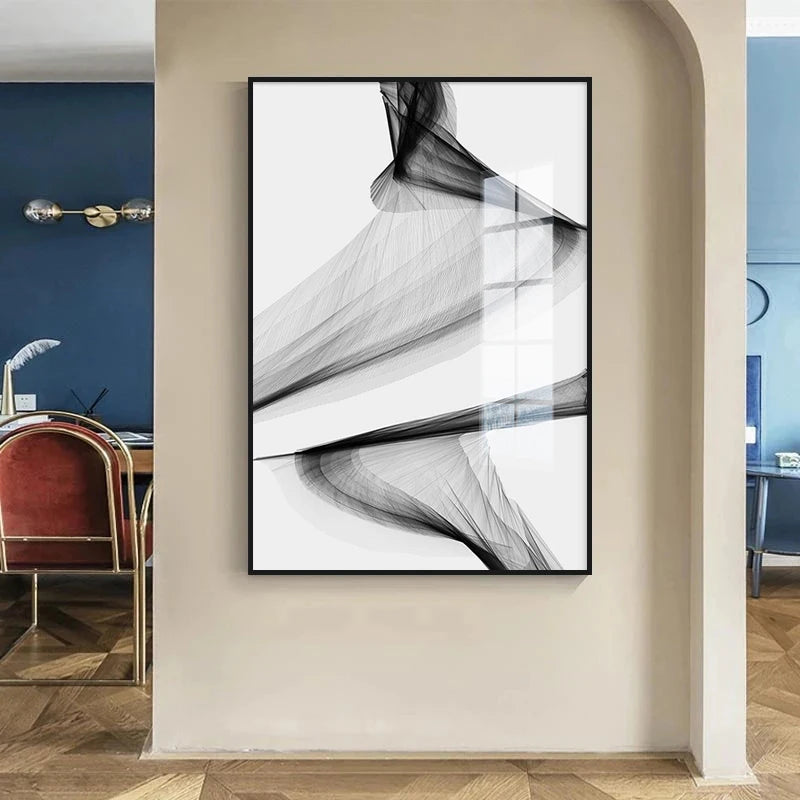 toile abstraite noire blanche contemporaine minimaliste sans cadre vertical chambre salon decoration