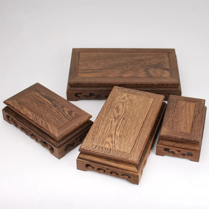support présentation bois marron foncé figurines moines feng shui artisanal