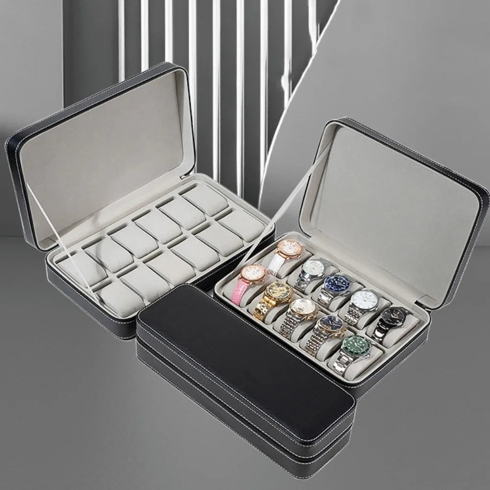 boîte montres simili cuir moderne 10 compartiments noir gris élégante étanche cordon serrage