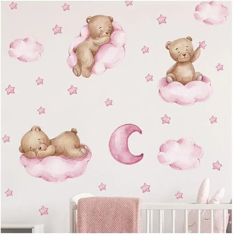 stickers muraux ours peluche rose bleu nuages bonne nuit décoration enfant illustration douce