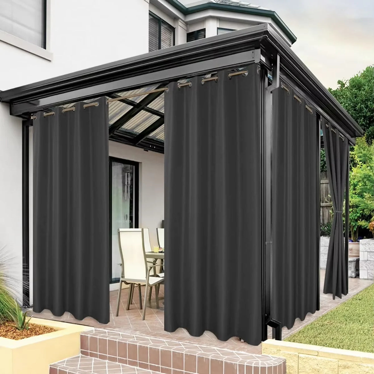 rideau extérieur water resistant beige uni moderne tringle métalliques pergola patio