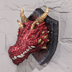 décoration murale tête dragon bouclier rouge or noir médiéval fantastique écailles détaillées rivets métalliques