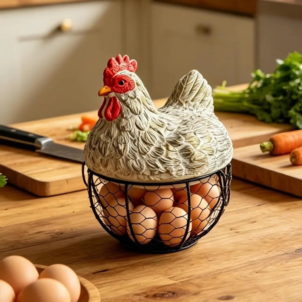 panier rangement œufs forme poulet métal rustique multiusage noir blanc texturé