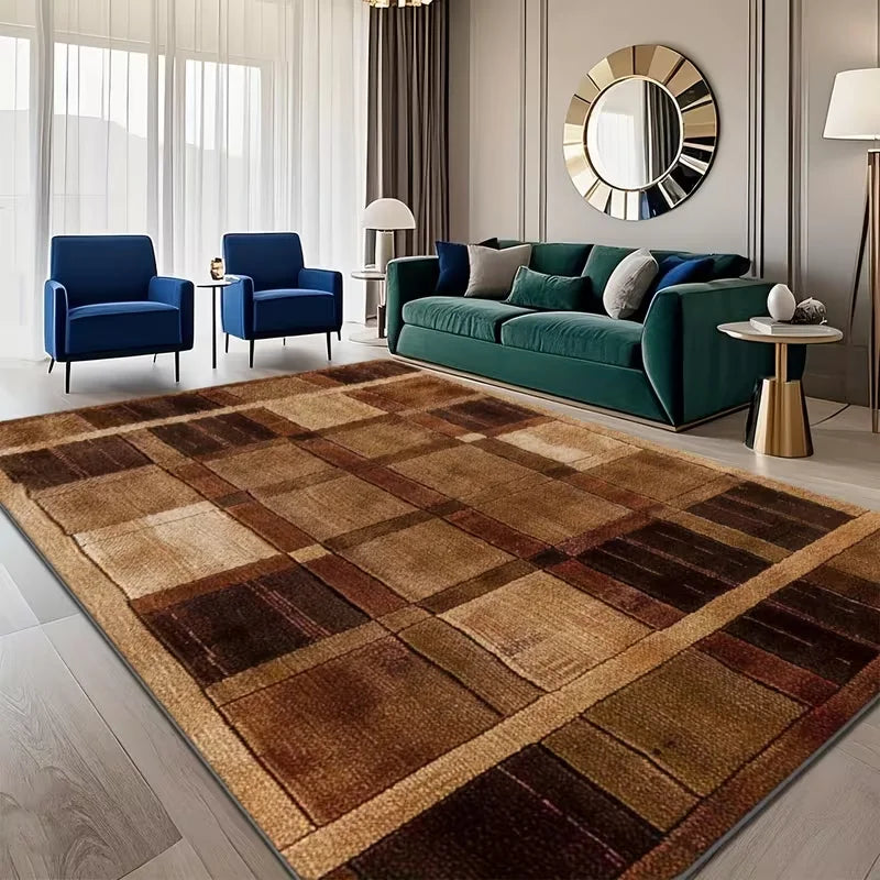 tapis marron moderne carreaux géométriques 100 polyester pile désossée 80x50cm