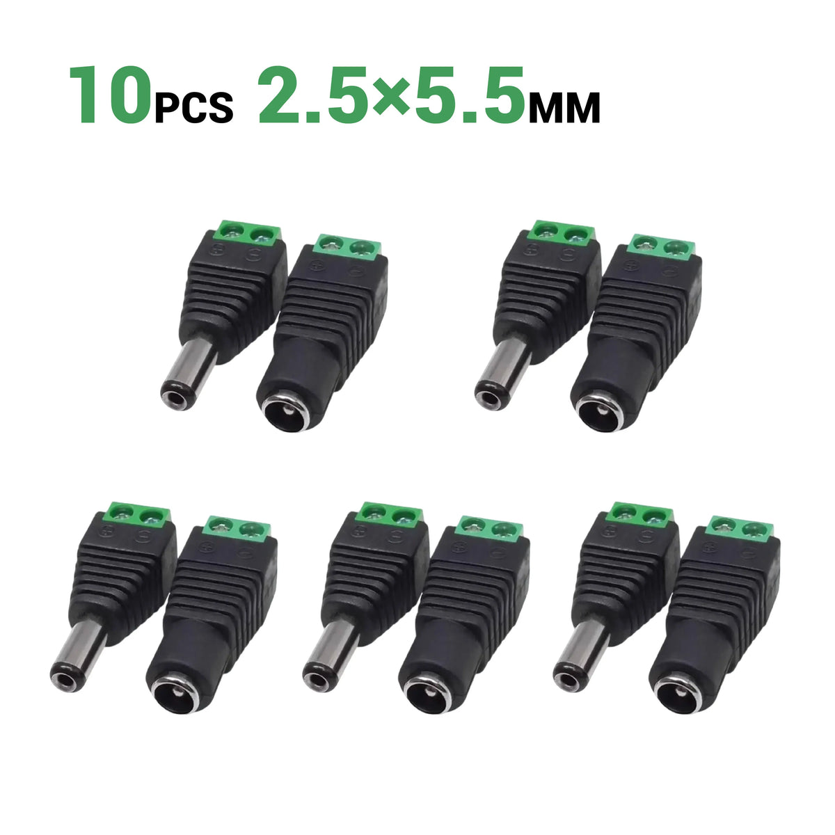 connecteur dc noir vert texturé industriel 5.5mm 2.1mm 2.5mm basse tension fixations visées surveillance