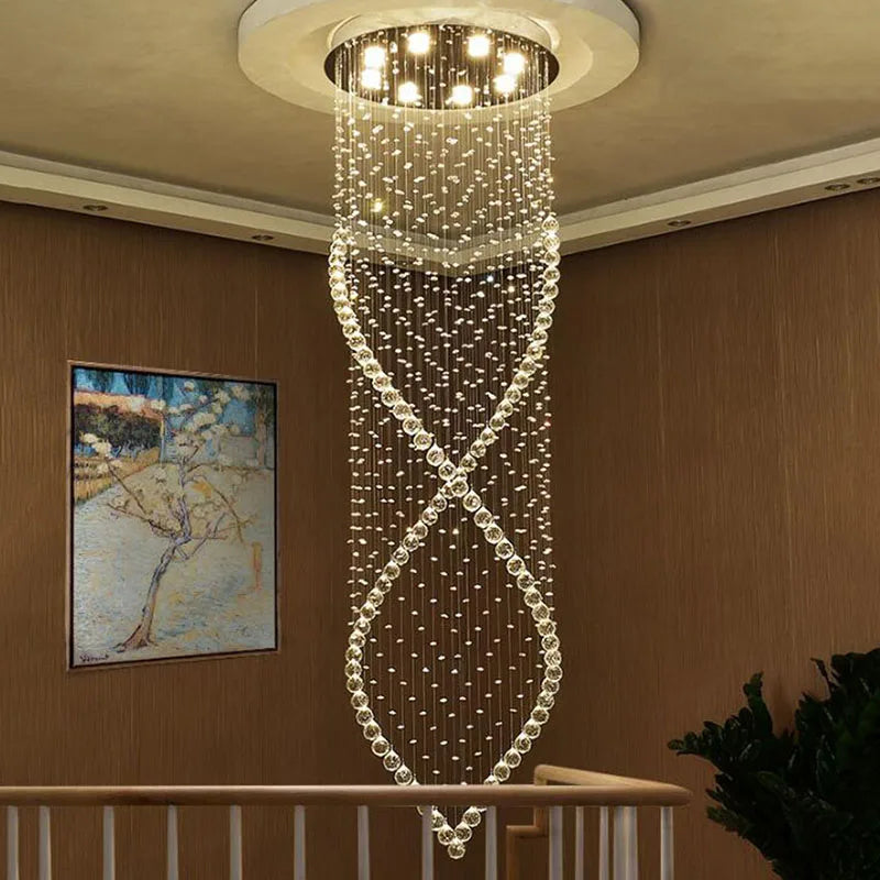 lustre moderne cristal transparentes argentées spirale élégant led suspension intérieur grande taille fixations ø120cm