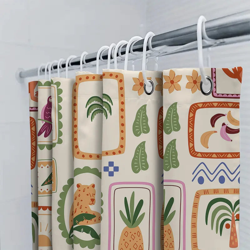 rideau douche tropical motif animaux océanique orangé crème bleu vert