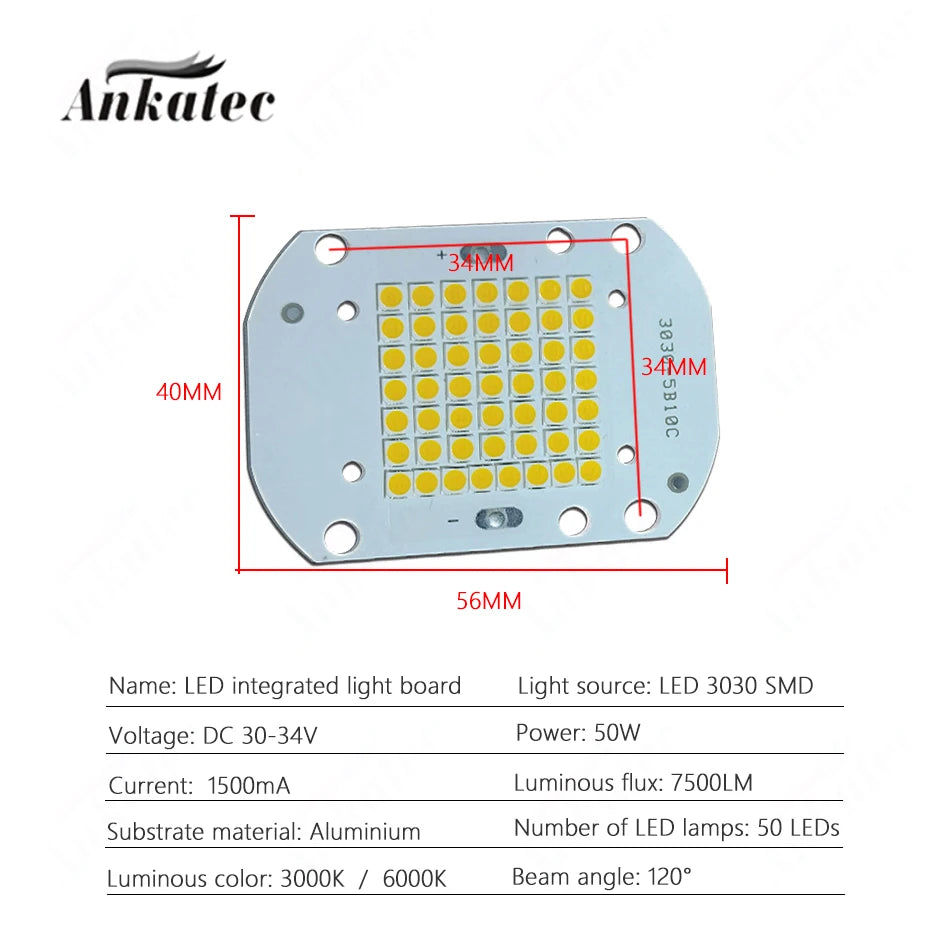 plaque led intégrée 50w 3000k 6000k 120° angle 50 leds aluminium moderne 7500lm 3030smd