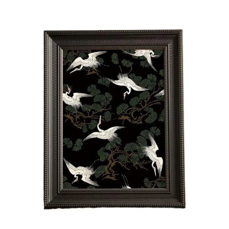 Cadre décoratif résine oiseaux blancs fond noir rouge branches vertes classique chambre maison