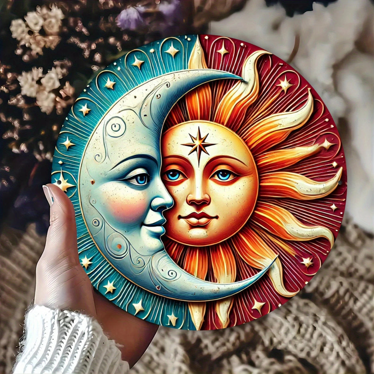 décoration murale bois soleil lune fleurs oiseaux étoiles or argent bleu rouge Jaune Blanc