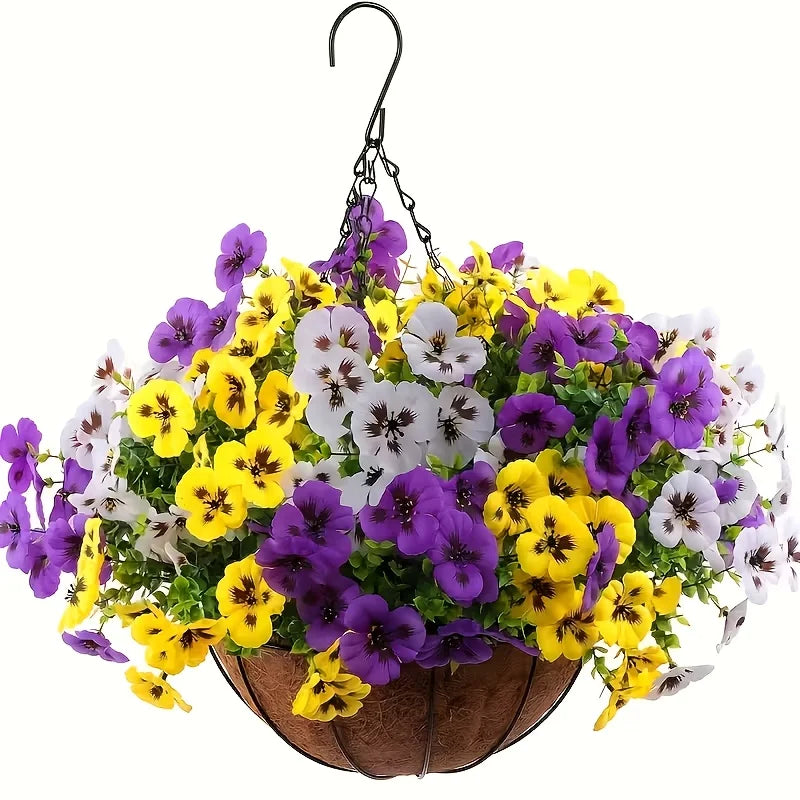 Jardinière avec fleurs artificielles primula beige sur un patio