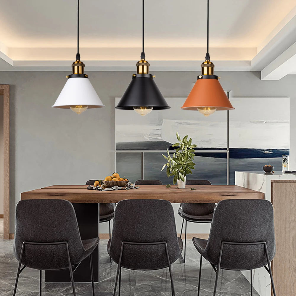 lumière suspendue industrielle conique noire blanche orange éclairage moderne chambre salon