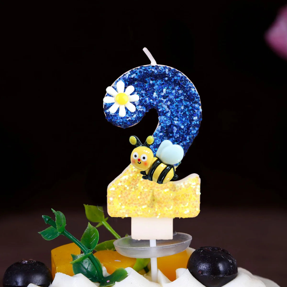 bougies anniversaire chiffres paillettes bleu jaune motifs fleurs décoratives enfants fixations boîte rangement