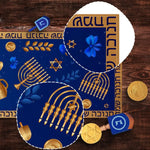 table table lin motif hanouka menorah bleu doré traditionnelle festive juive texto hébreu